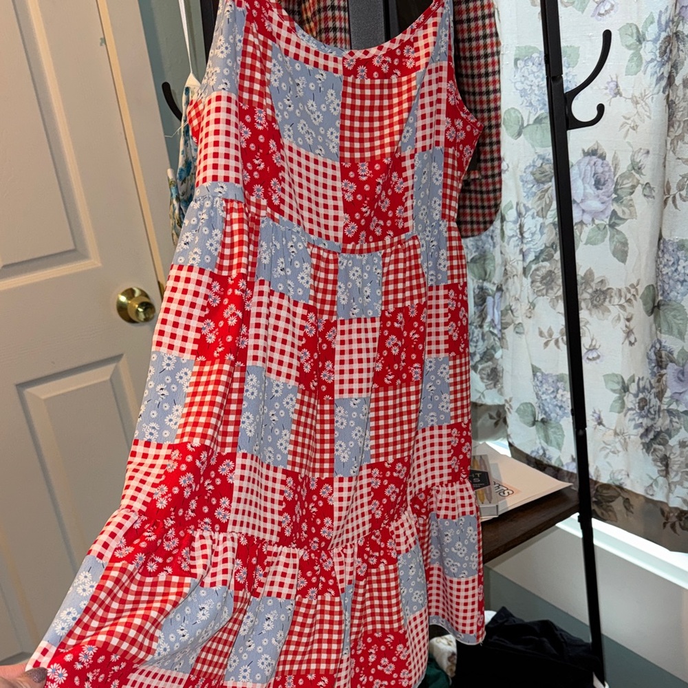 Altar'd State Red and Light Blue Patchwork Sundress